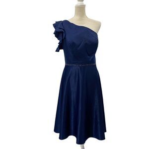 Mac Duggal Dress Gown Ruffle 1 Shoulder Blue Satin Midi Rhinestone Waist size 16